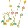 Oro Laminado Earring and Pendant Children Set, Gold Filled Style Butterfly Design, with White Crystal, Multicolor Enamel Finish, Golden Finish, 06.60.0004.4