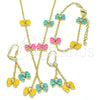 Oro Laminado Earring and Pendant Children Set, Gold Filled Style Butterfly Design, with White Crystal, Multicolor Enamel Finish, Golden Finish, 06.60.0004.4