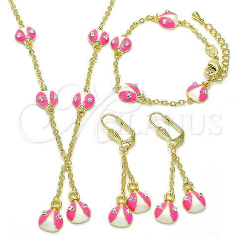 Oro Laminado Earring and Pendant Children Set, Gold Filled Style Ladybug Design, with White Crystal, Pink Enamel Finish, Golden Finish, 06.60.0005.1