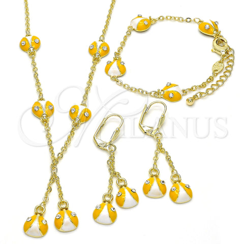 Oro Laminado Earring and Pendant Children Set, Gold Filled Style Ladybug Design, with White Crystal, Yellow Enamel Finish, Golden Finish, 06.60.0005.2