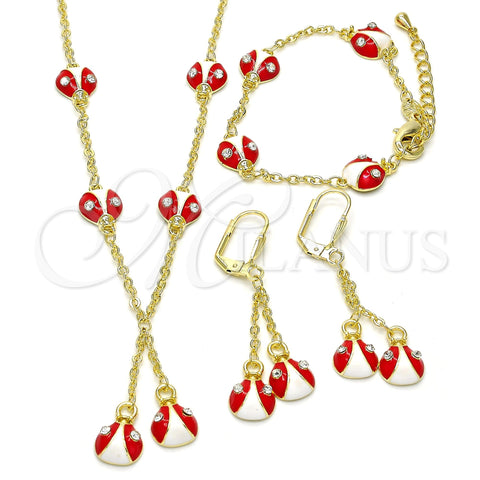 Oro Laminado Earring and Pendant Children Set, Gold Filled Style Ladybug Design, with White Crystal, Red Enamel Finish, Golden Finish, 06.60.0005.3