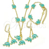 Oro Laminado Earring and Pendant Children Set, Gold Filled Style Elephant Design, with White Crystal, Turquoise Enamel Finish, Golden Finish, 06.60.0006