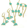 Oro Laminado Earring and Pendant Children Set, Gold Filled Style Elephant Design, with White Crystal, Turquoise Enamel Finish, Golden Finish, 06.60.0006