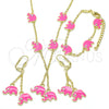 Oro Laminado Earring and Pendant Children Set, Gold Filled Style Elephant Design, with White Crystal, Pink Enamel Finish, Golden Finish, 06.60.0006.1