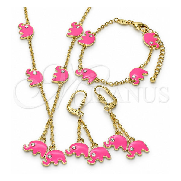 Oro Laminado Earring and Pendant Children Set, Gold Filled Style Elephant Design, with White Crystal, Pink Enamel Finish, Golden Finish, 06.60.0006.1