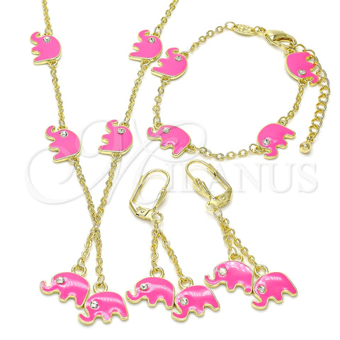 Oro Laminado Earring and Pendant Children Set, Gold Filled Style Elephant Design, with White Crystal, Pink Enamel Finish, Golden Finish, 06.60.0006.1