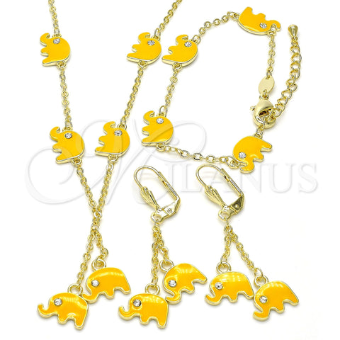 Oro Laminado Earring and Pendant Children Set, Gold Filled Style Elephant Design, with White Crystal, Yellow Enamel Finish, Golden Finish, 06.60.0006.2