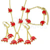 Oro Laminado Earring and Pendant Children Set, Gold Filled Style Elephant Design, with White Crystal, Red Enamel Finish, Golden Finish, 06.60.0006.3