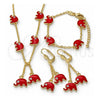 Oro Laminado Earring and Pendant Children Set, Gold Filled Style Elephant Design, with White Crystal, Red Enamel Finish, Golden Finish, 06.60.0006.3