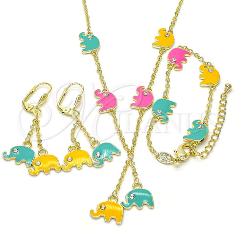 Oro Laminado Earring and Pendant Children Set, Gold Filled Style Elephant Design, with White Crystal, Multicolor Enamel Finish, Golden Finish, 06.60.0006.4
