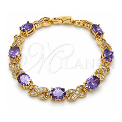 Oro Laminado Tennis Bracelet, Gold Filled Style Hugs and Kisses Design, with Amethyst Cubic Zirconia and White Micro Pave, Polished, Golden Finish, 03.206.0001.6.07 (07 MM Thickness, 7 Inches Length)