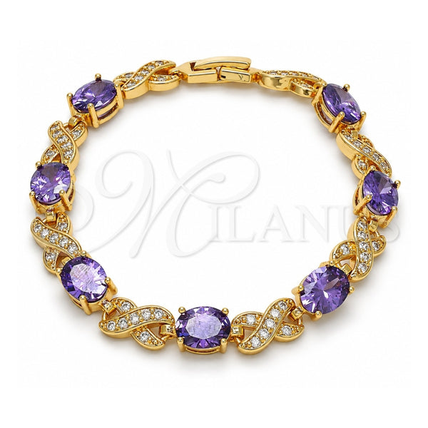Oro Laminado Tennis Bracelet, Gold Filled Style Hugs and Kisses Design, with Amethyst Cubic Zirconia and White Micro Pave, Polished, Golden Finish, 03.206.0001.6.07 (07 MM Thickness, 7 Inches Length)