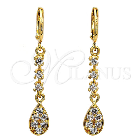 Oro Laminado Long Earring, Gold Filled Style Teardrop Design, with White Cubic Zirconia, Polished, Golden Finish, 02.217.0052