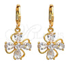 Oro Laminado Dangle Earring, Gold Filled Style Flower and Teardrop Design, with White Cubic Zirconia, Polished, Golden Finish, 02.217.0054
