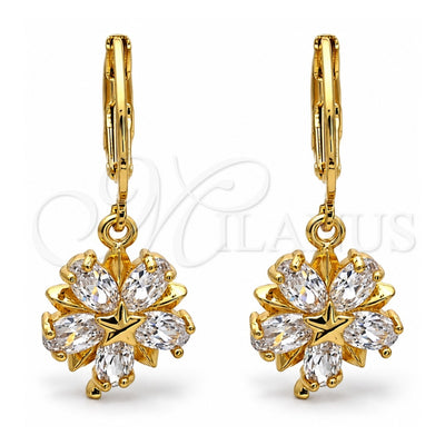 Oro Laminado Dangle Earring, Gold Filled Style Flower and Star Design, with White Cubic Zirconia, Polished, Golden Finish, 02.217.0056