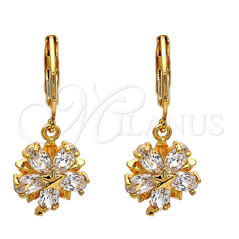 Oro Laminado Dangle Earring, Gold Filled Style Flower and Star Design, with White Cubic Zirconia, Polished, Golden Finish, 02.217.0056