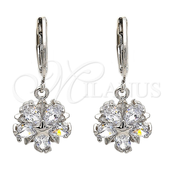 Rhodium Plated Dangle Earring, Flower and Star Design, with White Cubic Zirconia, Polished, Rhodium Finish, 02.217.0056.2