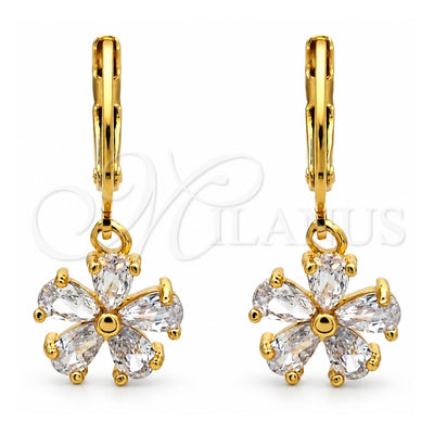 Oro Laminado Dangle Earring, Gold Filled Style Flower Design, with White Cubic Zirconia, Polished, Golden Finish, 02.217.0059