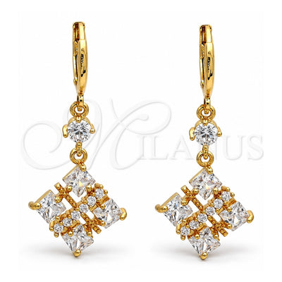 Oro Laminado Long Earring, Gold Filled Style with White Cubic Zirconia, Polished, Golden Finish, 02.217.0060