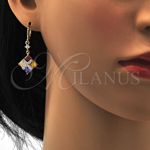 Oro Laminado Long Earring, Gold Filled Style with Multicolor Cubic Zirconia, Polished, Golden Finish, 02.217.0061.1