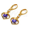 Oro Laminado Long Earring, Gold Filled Style Heart Design, with Amethyst and White Cubic Zirconia, Polished, Golden Finish, 02.217.0063.3