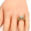 Oro Laminado Solitaire Ring, Gold Filled Style Duo Design, with White Cubic Zirconia, Polished, Golden Finish, 01.99.0075.08 (Size 8)