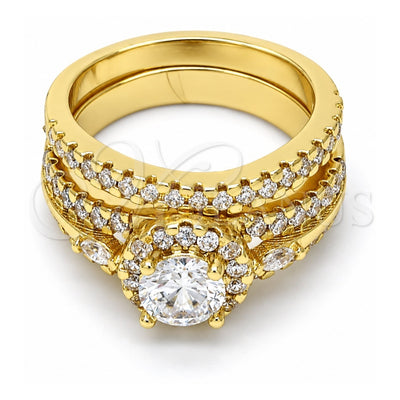 Oro Laminado Wedding Ring, Gold Filled Style Duo Design, with White Cubic Zirconia, Polished, Golden Finish, 01.99.0075.09 (Size 9)