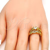 Oro Laminado Wedding Ring, Gold Filled Style Twist and Duo Design, with White Cubic Zirconia and White Micro Pave, Polished, Golden Finish, 01.99.0077.09 (Size 9)