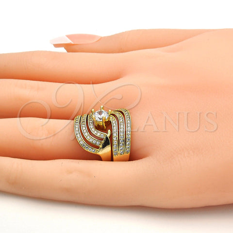 Oro Laminado Wedding Ring, Gold Filled Style Duo Design, with White Cubic Zirconia and White Micro Pave, Polished, Golden Finish, 01.99.0080.08 (Size 8)