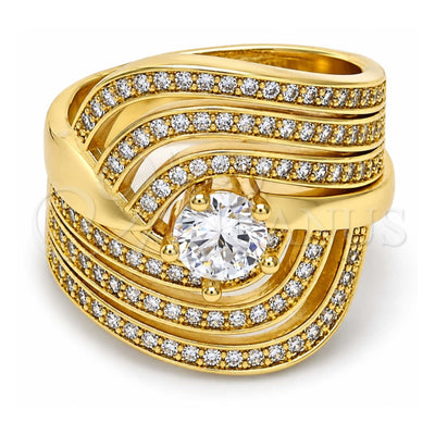 Oro Laminado Wedding Ring, Gold Filled Style Duo Design, with White Cubic Zirconia and White Micro Pave, Polished, Golden Finish, 01.99.0080.08 (Size 8)