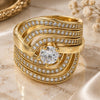 Oro Laminado Wedding Ring, Gold Filled Style Duo Design, with White Cubic Zirconia and White Micro Pave, Polished, Golden Finish, 01.99.0080.09 (Size 9)