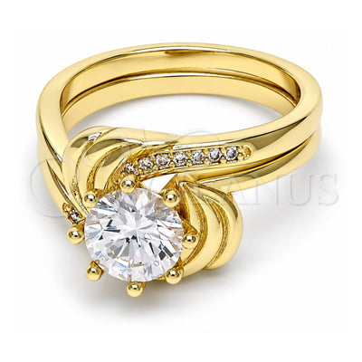 Oro Laminado Wedding Ring, Gold Filled Style Duo Design, with White Cubic Zirconia and White Micro Pave, Polished, Golden Finish, 01.99.0042.07 (Size 7)