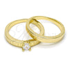 Oro Laminado Wedding Ring, Gold Filled Style Greek Key and Duo Design, with White Cubic Zirconia, Polished, Golden Finish, 01.99.0045.07 (Size 7)