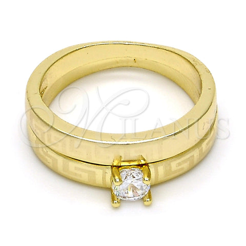 Oro Laminado Wedding Ring, Gold Filled Style Greek Key and Duo Design, with White Cubic Zirconia, Polished, Golden Finish, 01.99.0045.07 (Size 7)