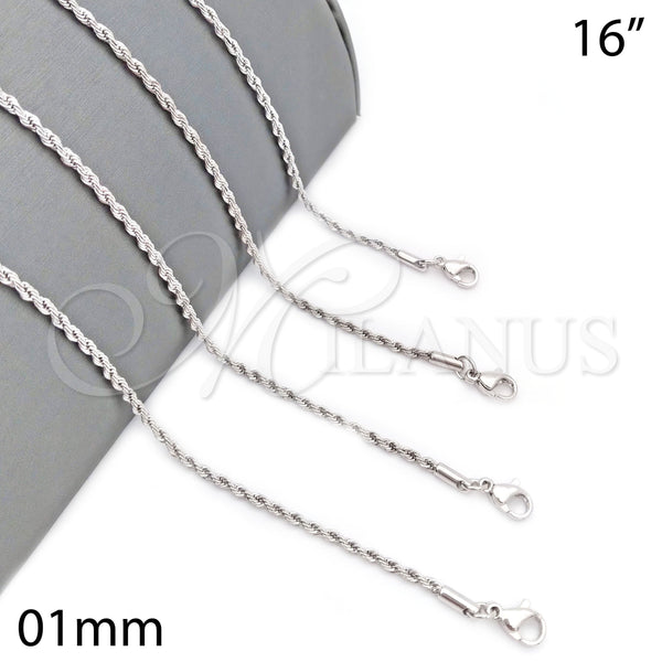 Rhodium Plated Basic Necklace, Rope Design, Polished, Rhodium Finish, 04.64.0001.1.16 (01 MM Thickness, 16 Inches Length)