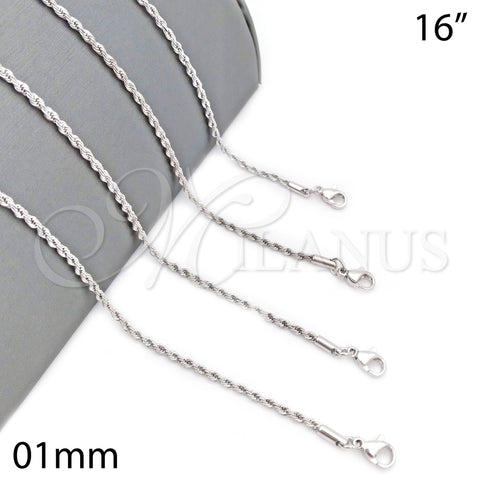 Rhodium Plated Basic Necklace, Rope Design, Polished, Rhodium Finish, 04.64.0001.1.16 (01 MM Thickness, 16 Inches Length)