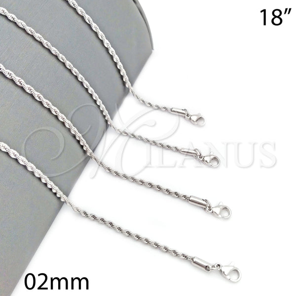 Rhodium Plated Basic Necklace, Rope Design, Polished, Rhodium Finish, 5.222.036.1.18 (02 MM Thickness, 18 Inches Length)