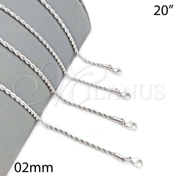 Rhodium Plated Basic Necklace, Rope Design, Polished, Rhodium Finish, 5.222.036.1.20 (02 MM Thickness, 20 Inches Length)