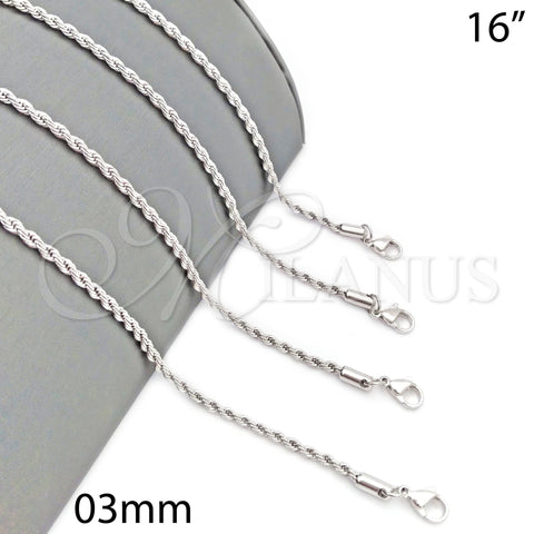 Rhodium Plated Basic Necklace, Rope Design, Polished, Rhodium Finish, 5.222.035.1.16 (03 MM Thickness, 16 Inches Length)