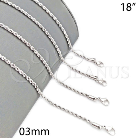 Rhodium Plated Basic Necklace, Rope Design, Polished, Rhodium Finish, 5.222.035.1.18 (03 MM Thickness, 18 Inches Length)