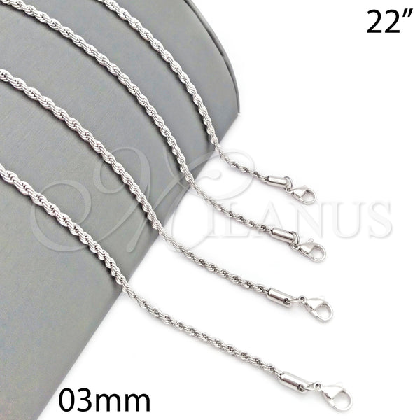 Rhodium Plated Basic Necklace, Rope Design, Polished, Rhodium Finish, 5.222.035.1.22 (03 MM Thickness, 22 Inches Length)