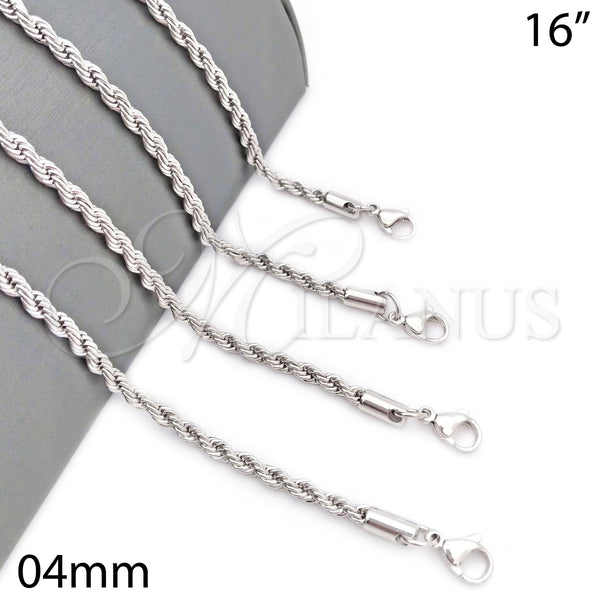 Rhodium Plated Basic Necklace, Rope Design, Polished, Rhodium Finish, 5.222.034.1.16 (04 MM Thickness, 16 Inches Length)
