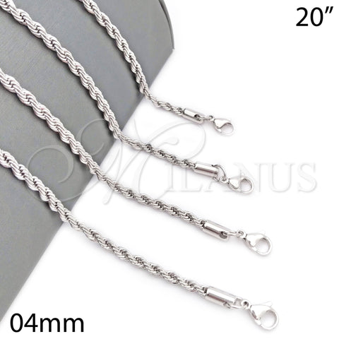Rhodium Plated Basic Necklace, Rope Design, Polished, Rhodium Finish, 5.222.034.1.20 (04 MM Thickness, 20 Inches Length)