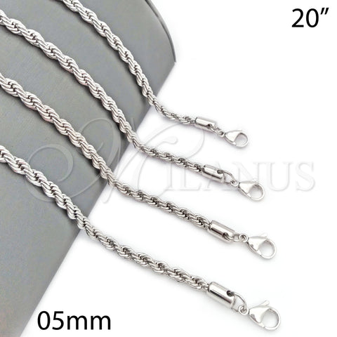 Rhodium Plated Basic Necklace, Rope Design, Polished, Rhodium Finish, 5.222.033.1.20 (05 MM Thickness, 20 Inches Length)