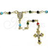 Oro Laminado Thin Rosary, Gold Filled Style Guadalupe and Crucifix Design, with Multicolor Azavache, Polished, Golden Finish, 09.63.0103.1.18