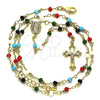 Oro Laminado Thin Rosary, Gold Filled Style Guadalupe and Crucifix Design, with Multicolor Azavache, Polished, Golden Finish, 09.63.0103.1.18