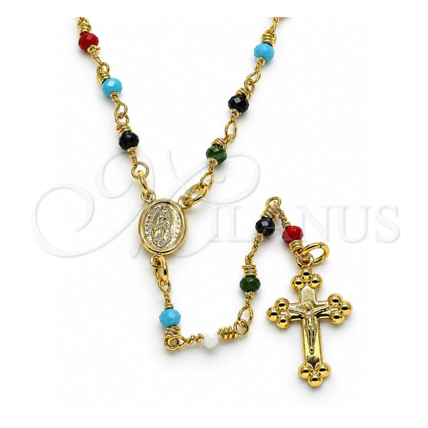 Oro Laminado Thin Rosary, Gold Filled Style Guadalupe and Crucifix Design, with Multicolor Azavache, Polished, Golden Finish, 09.63.0103.1.18