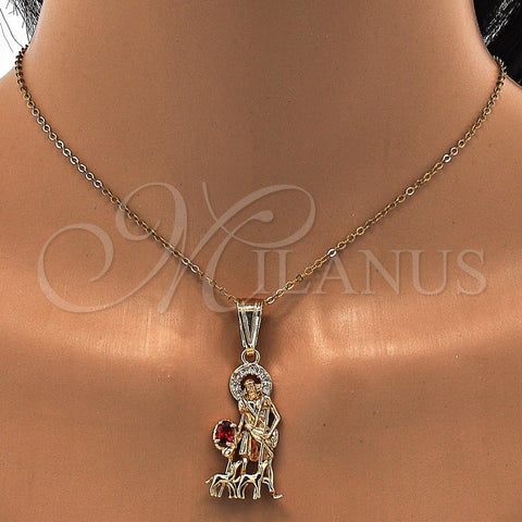 Oro Laminado Religious Pendant, Gold Filled Style San Lazaro Design, with White and Garnet Cubic Zirconia, Polished, Golden Finish, 05.120.0036