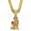 Oro Laminado Religious Pendant, Gold Filled Style San Lazaro Design, with White and Garnet Cubic Zirconia, Polished, Golden Finish, 05.120.0036