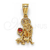 Oro Laminado Religious Pendant, Gold Filled Style San Lazaro Design, with White and Garnet Cubic Zirconia, Polished, Golden Finish, 05.120.0036
